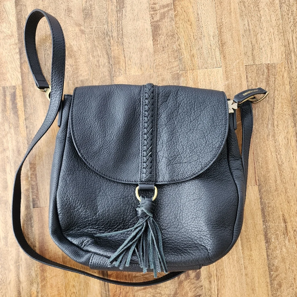 Lucky Brand black leather purse with magnetic tassle closure. It is 10"x10". - Picture 1 of 7